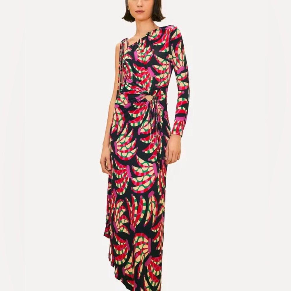 Farm Rio Black Banana Dots One-Shoulder Midi Dress